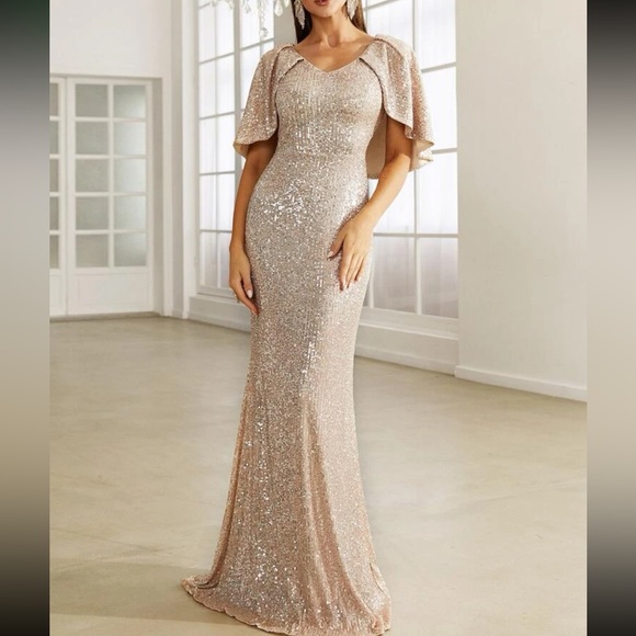 Luxe party formal cloak sleeve mermaid hem sequins gown dress champagne - Picture 2 of 8